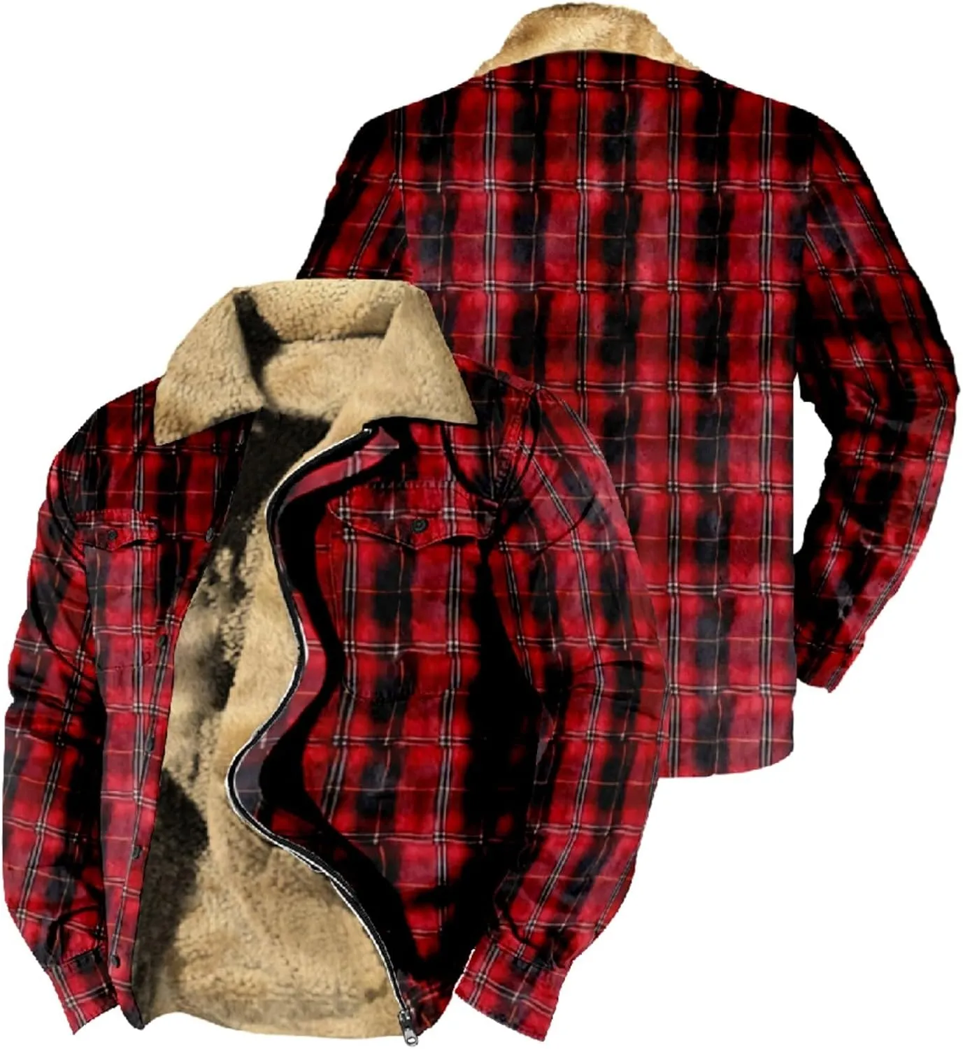 LCMTWX Men's Flannel Jackets Winter Retro Print Hooded Zipper Pocket Long Sleeve Shirt Patchwork Lightweight Shirt Heavy