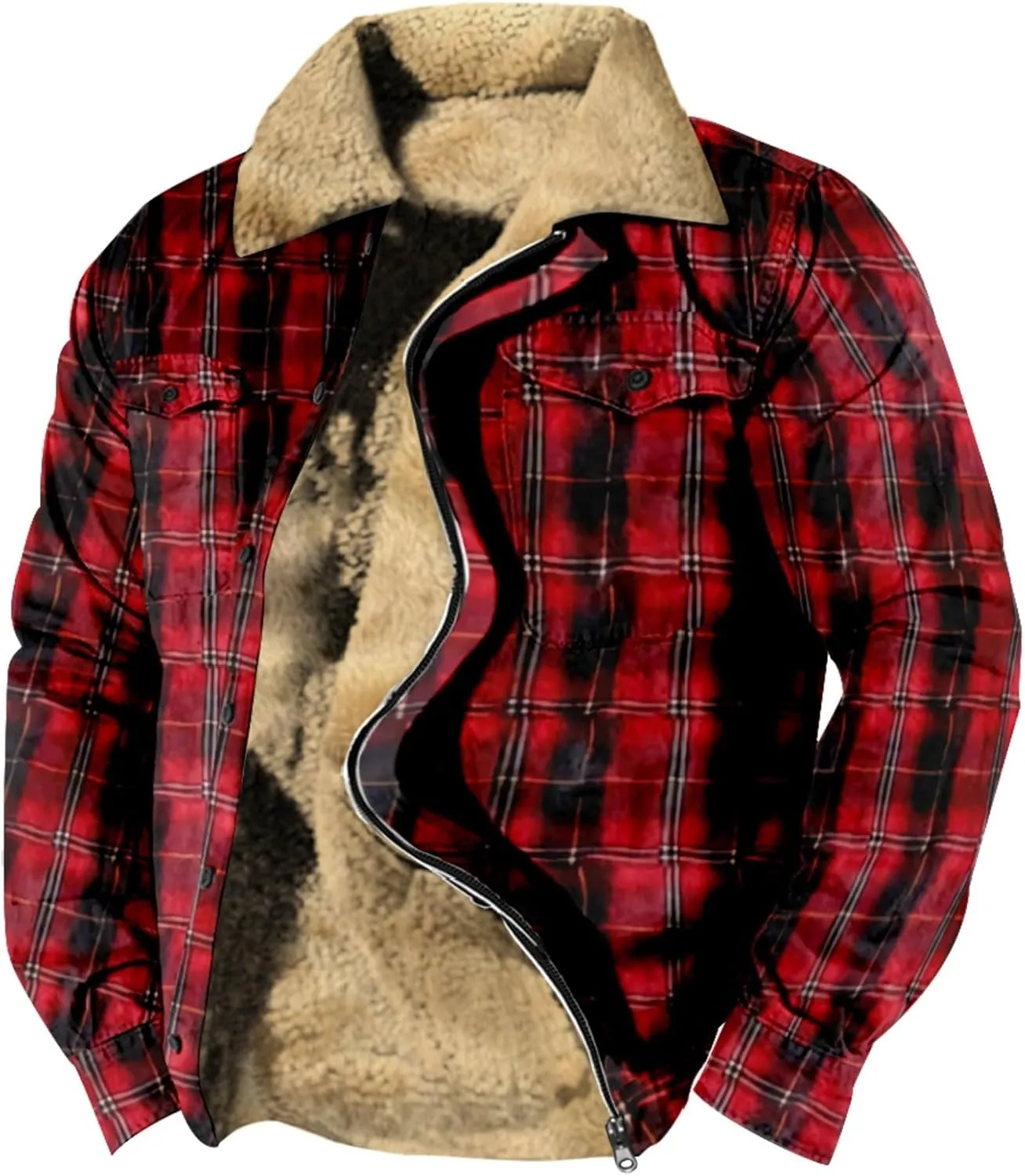 LCMTWX Men's Flannel Jackets Winter Retro Print Hooded Zipper Pocket Long Sleeve Shirt Patchwork Lightweight Shirt Heavy