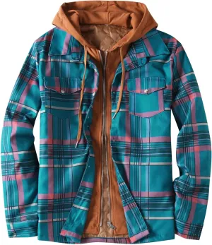 LCMTWX Men's Fleece Lined Flannel Shirt Jacket Hooded Zipper Pocket Long Sleeve Shirt Patchwork Jacket Loose Thickened