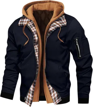 LCMTWX Men's Hooded Shirt Jacket Plaid Print Hooded Zipper Pocket Long Sleeve Shirt Patchwork Jacket Loose Thickened Casual