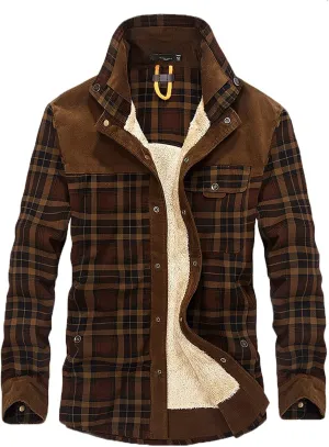 LCMTWX Men's Hooded Shirt Jacket Plaid Print Lapel Button Down Pocket Long Sleeve Shirt Patchwork Jacket Coat with Zipper