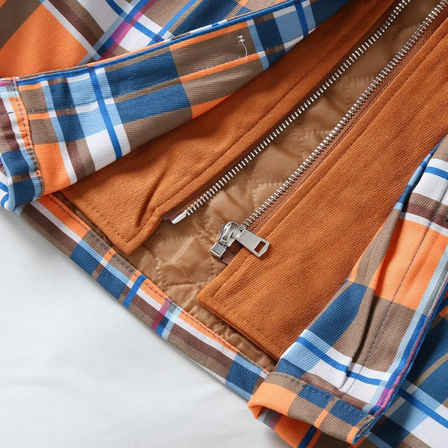 LCMTWX Mens Plaid Flannel Jacket Plaid Print Hooded Zipper Pocket Long Sleeve Shirt Patchwork Jacket Loose Thickened Casual