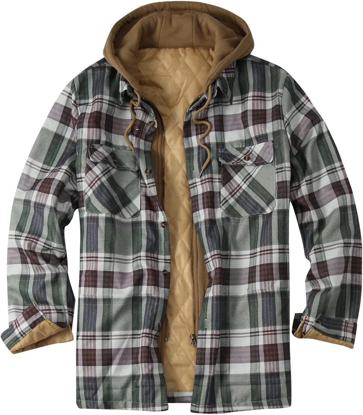 LCMTWX Mens Plaid Flannel Jacket Plaid Print Hooded Zipper Pocket Long Sleeve Shirt Patchwork Jacket Loose Thickened Casual