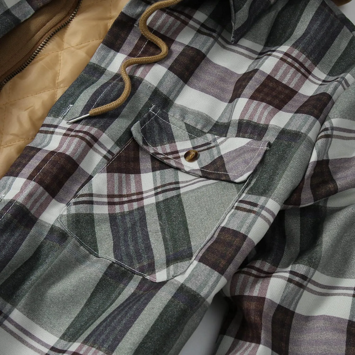 LCMTWX Mens Plaid Flannel Jacket Plaid Print Hooded Zipper Pocket Long Sleeve Shirt Patchwork Jacket Loose Thickened Casual