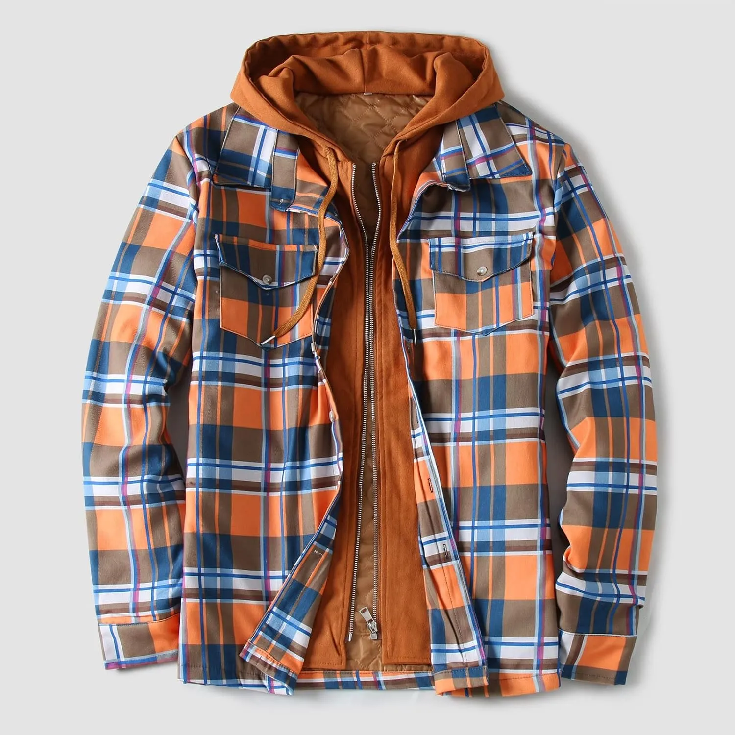 LCMTWX Mens Plaid Flannel Jacket Plaid Print Hooded Zipper Pocket Long Sleeve Shirt Patchwork Jacket Loose Thickened Casual