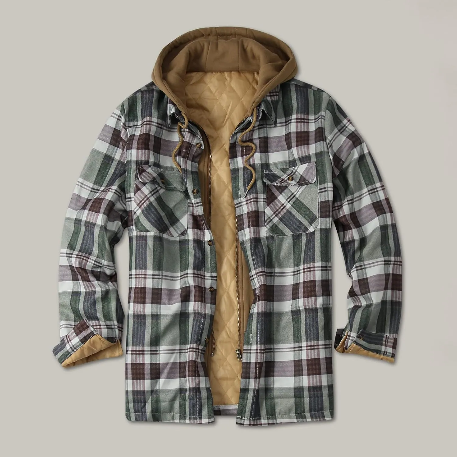 LCMTWX Mens Plaid Flannel Jacket Plaid Print Hooded Zipper Pocket Long Sleeve Shirt Patchwork Jacket Loose Thickened Casual