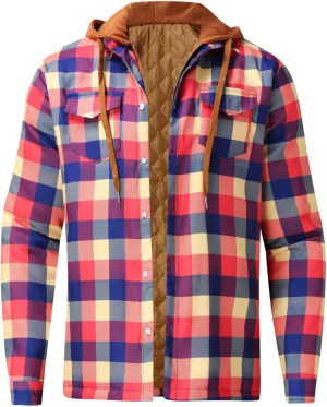 LCMTWX Men's Plaid Hooded Shirts Plaid Print Hooded Zipper Pocket Long Sleeve Shirt Patchwork Jacket Lightweight Shirt
