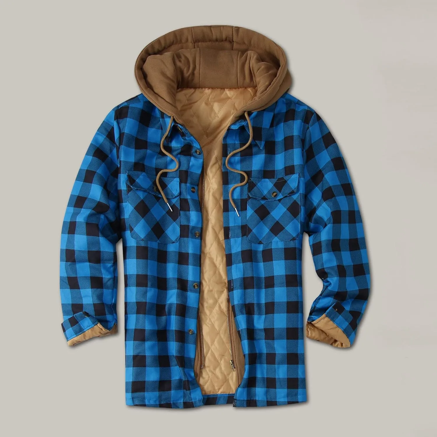 LCMTWX Men's Plaid Hooded Shirts Plaid Print Hooded Zipper Pocket Long Sleeve Shirt Patchwork Jacket Lightweight Shirt