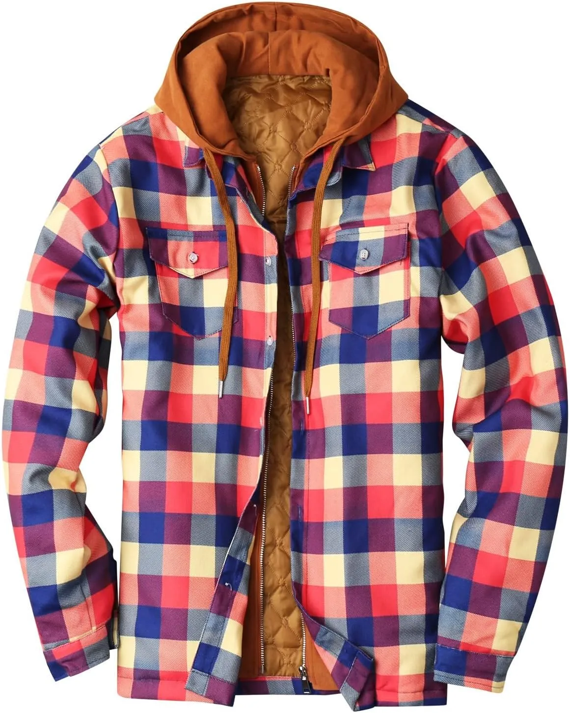 LCMTWX Men's Plaid Hooded Shirts Plaid Print Hooded Zipper Pocket Long Sleeve Shirt Patchwork Jacket Lightweight Shirt