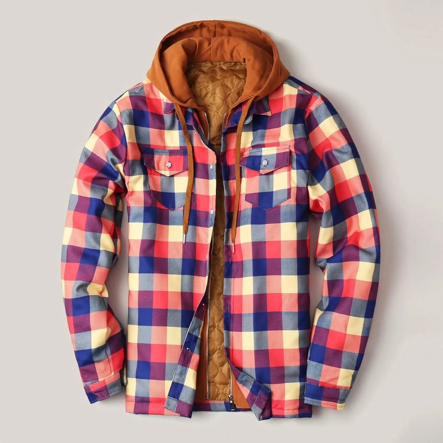 LCMTWX Men's Plaid Hooded Shirts Plaid Print Hooded Zipper Pocket Long Sleeve Shirt Patchwork Jacket Lightweight Shirt