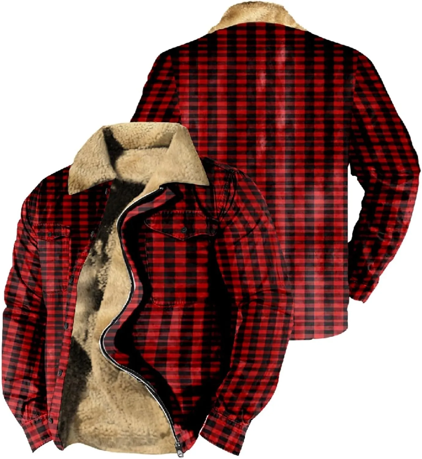 LCMTWX Mens Plaid Jacket Casual Plaid Print Hooded Zipper Pocket Long Sleeve Shirt Patchwork Jacket Loose Thickened ​Coat