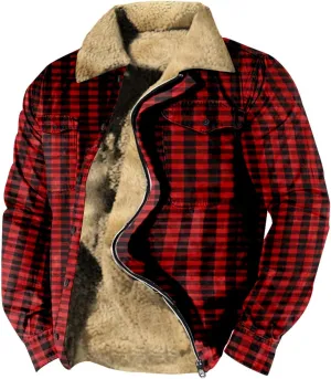 LCMTWX Mens Plaid Jacket Casual Plaid Print Hooded Zipper Pocket Long Sleeve Shirt Patchwork Jacket Loose Thickened ​Coat