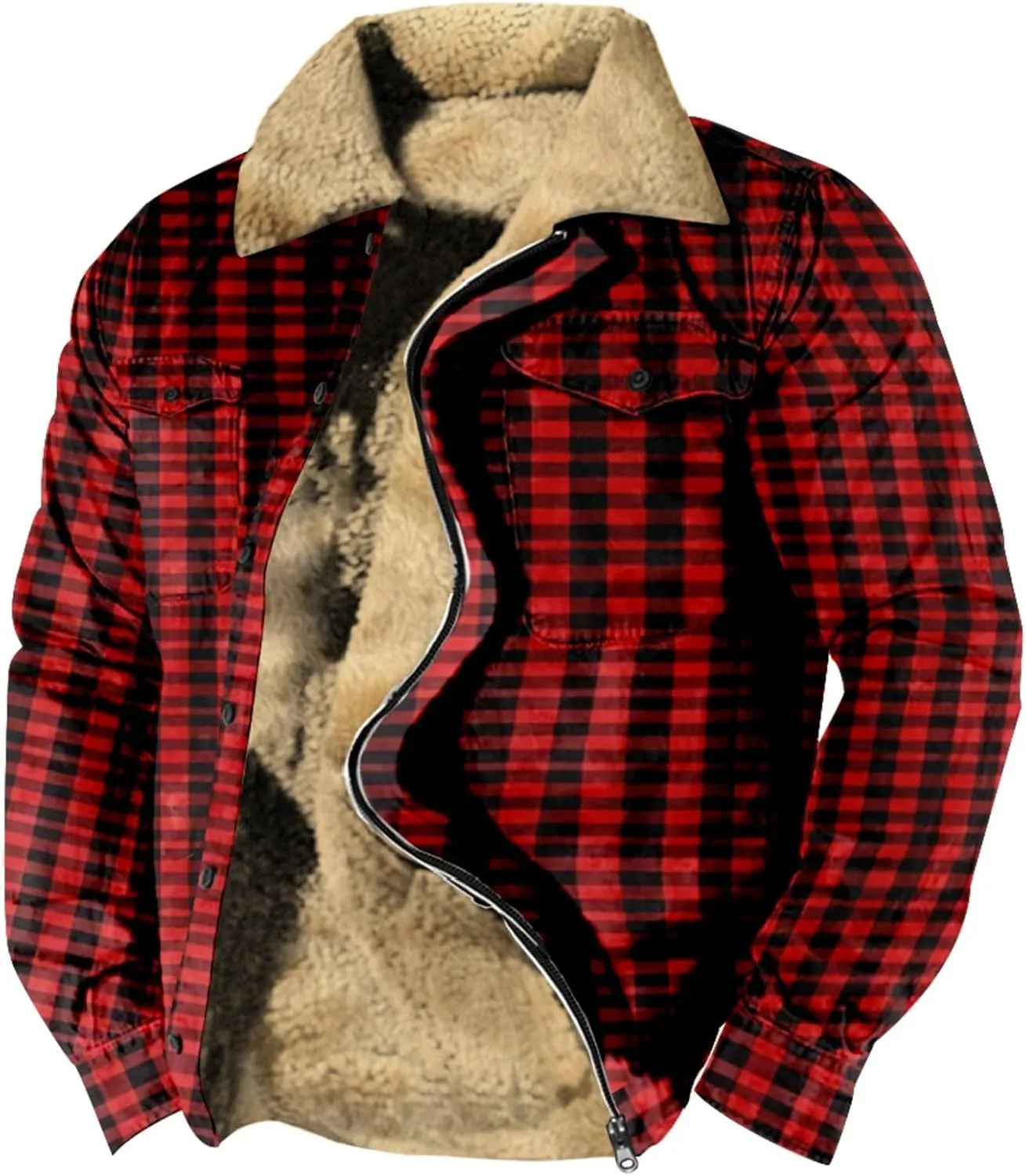 LCMTWX Mens Plaid Jacket Casual Plaid Print Hooded Zipper Pocket Long Sleeve Shirt Patchwork Jacket Loose Thickened ​Coat