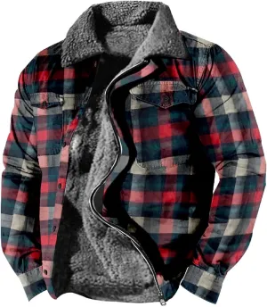 LCMTWX Mens Plaid Jacket Casual Plaid Print Lapel Button Down Pocket Long Sleeve Shirt Patchwork Jacket Thickened ​Coat