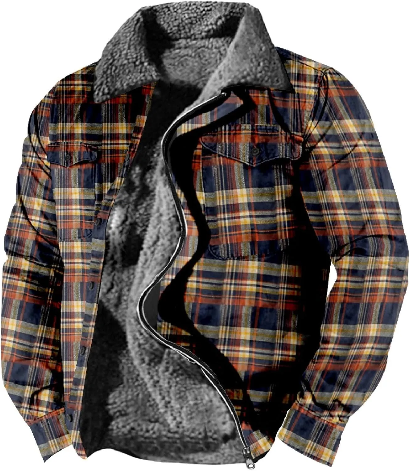 LCMTWX Mens Plaid Jacket Casual Plaid Print Lapel Button Down Pocket Long Sleeve Shirt Patchwork Jacket Thickened ​Coat