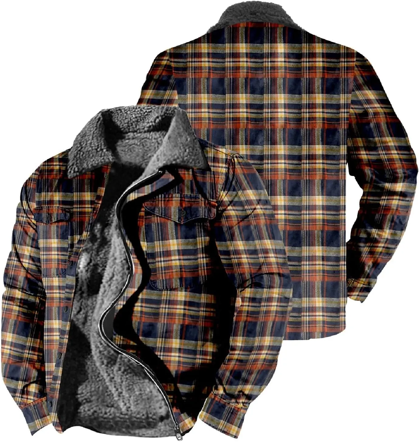 LCMTWX Mens Plaid Jacket Casual Plaid Print Lapel Button Down Pocket Long Sleeve Shirt Patchwork Jacket Thickened ​Coat
