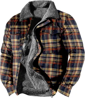 LCMTWX Mens Plaid Jacket Casual Plaid Print Lapel Button Down Pocket Long Sleeve Shirt Patchwork Jacket Thickened ​Coat