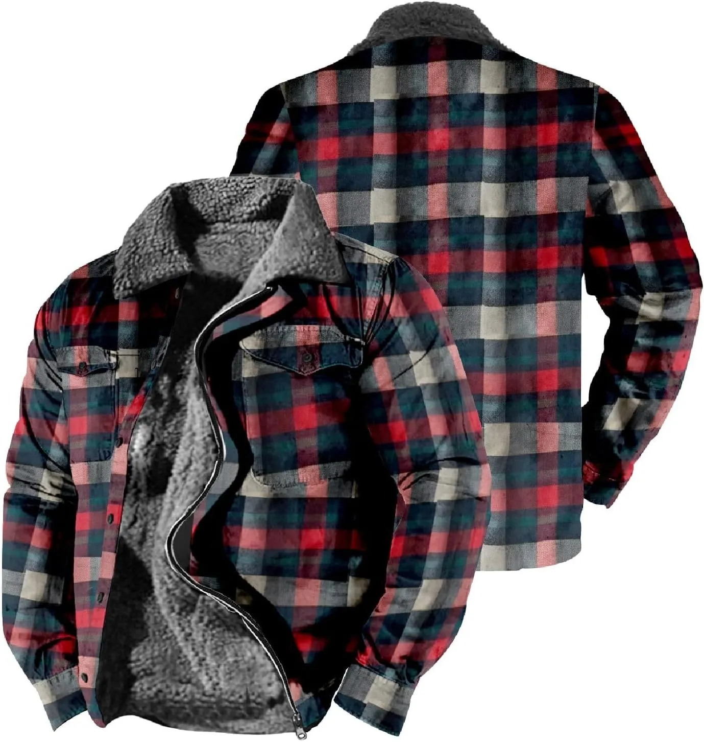 LCMTWX Mens Plaid Jacket Casual Plaid Print Lapel Button Down Pocket Long Sleeve Shirt Patchwork Jacket Thickened ​Coat