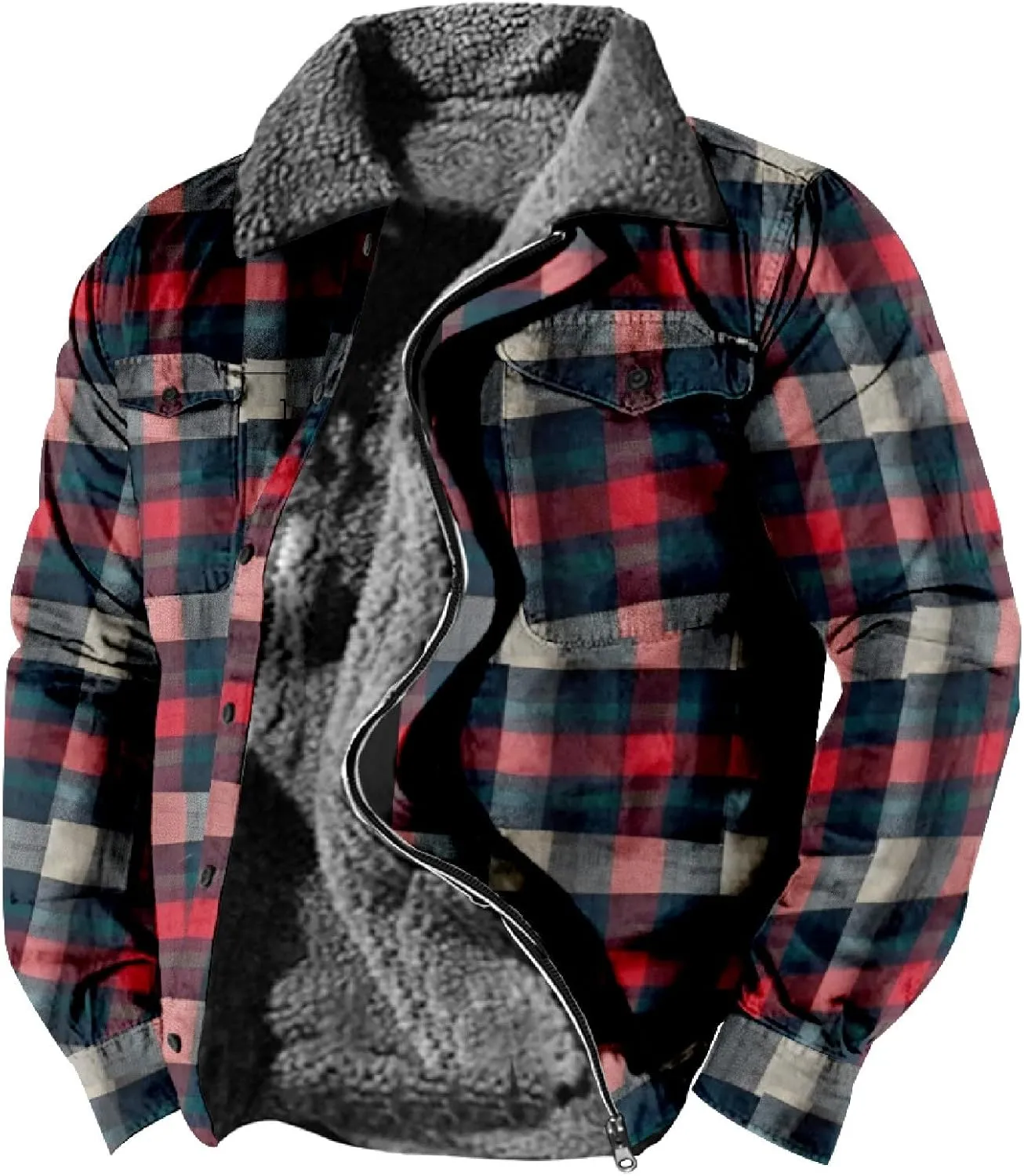 LCMTWX Mens Plaid Jacket Casual Plaid Print Lapel Button Down Pocket Long Sleeve Shirt Patchwork Jacket Thickened ​Coat