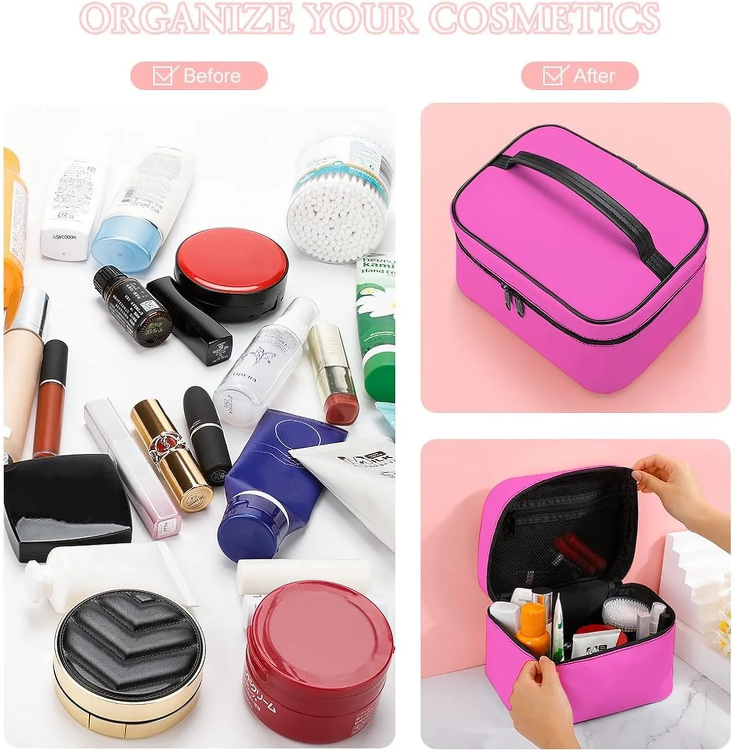 Leather Cosmetic Case, Bright Hot Pink Portable Makeup Bag Organizer Large Capacity Travel Toiletry Bag with Zipper