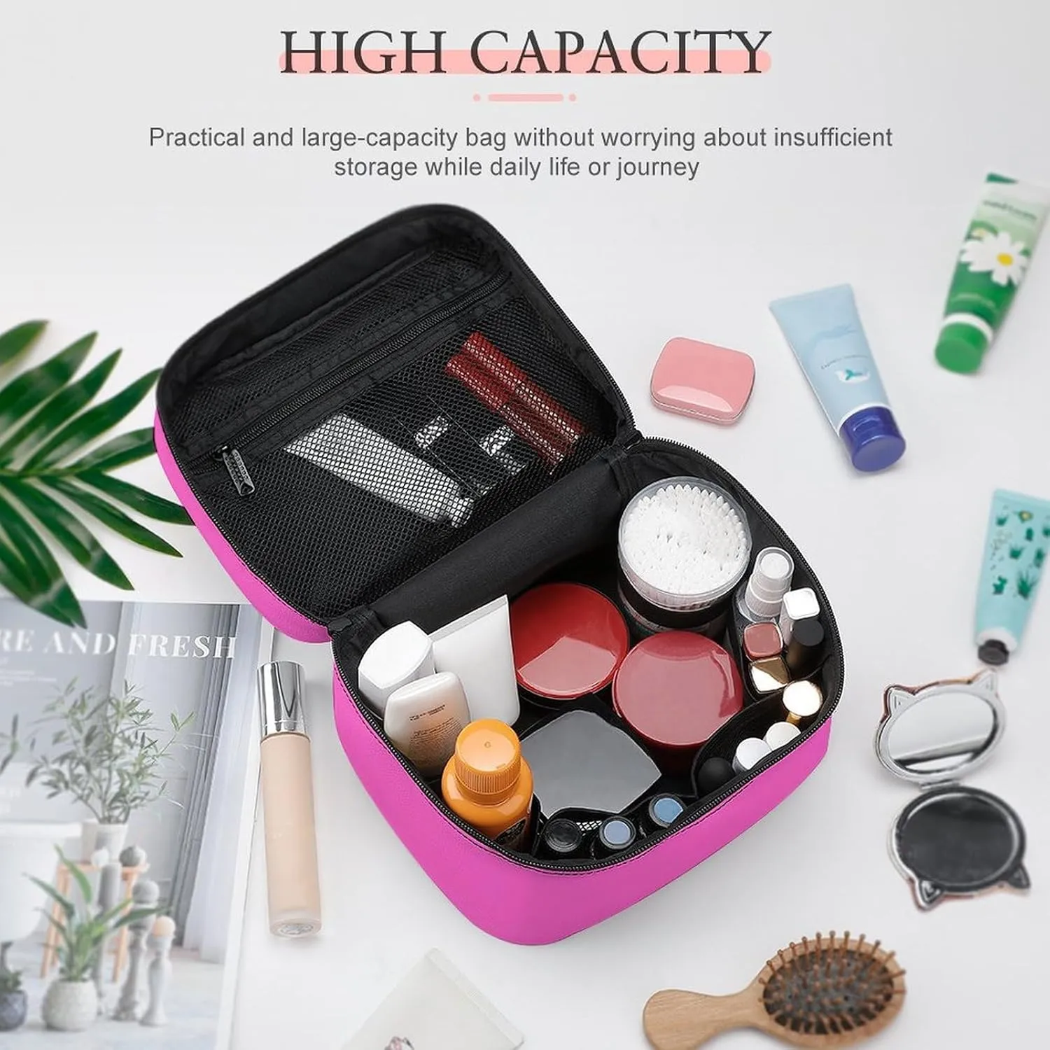 Leather Cosmetic Case, Bright Hot Pink Portable Makeup Bag Organizer Large Capacity Travel Toiletry Bag with Zipper
