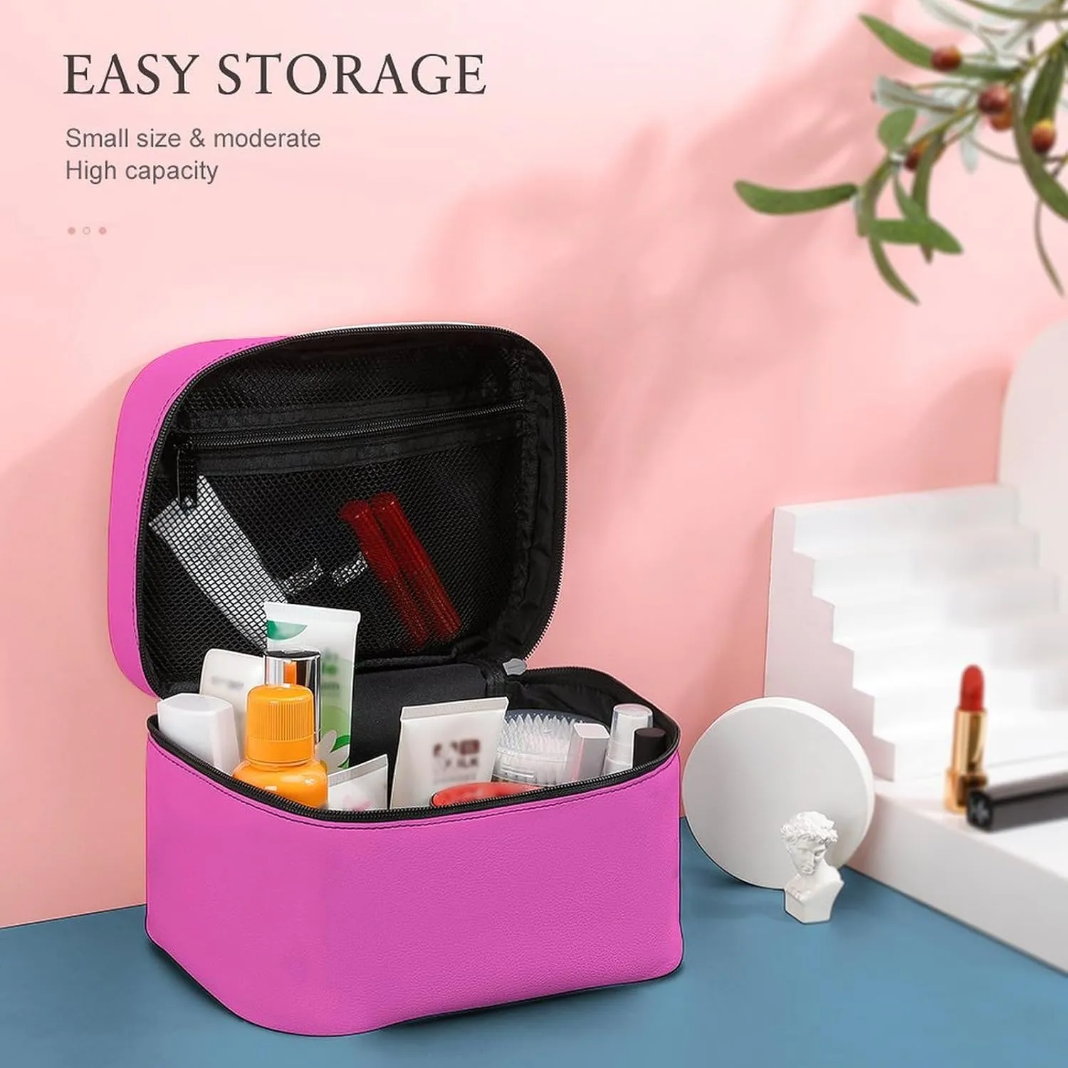 Leather Cosmetic Case, Bright Hot Pink Portable Makeup Bag Organizer Large Capacity Travel Toiletry Bag with Zipper