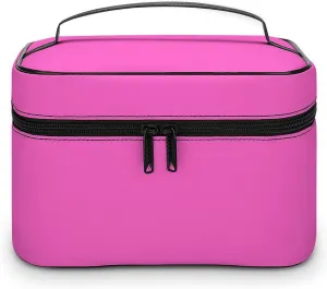 Leather Cosmetic Case, Bright Hot Pink Portable Makeup Bag Organizer Large Capacity Travel Toiletry Bag with Zipper