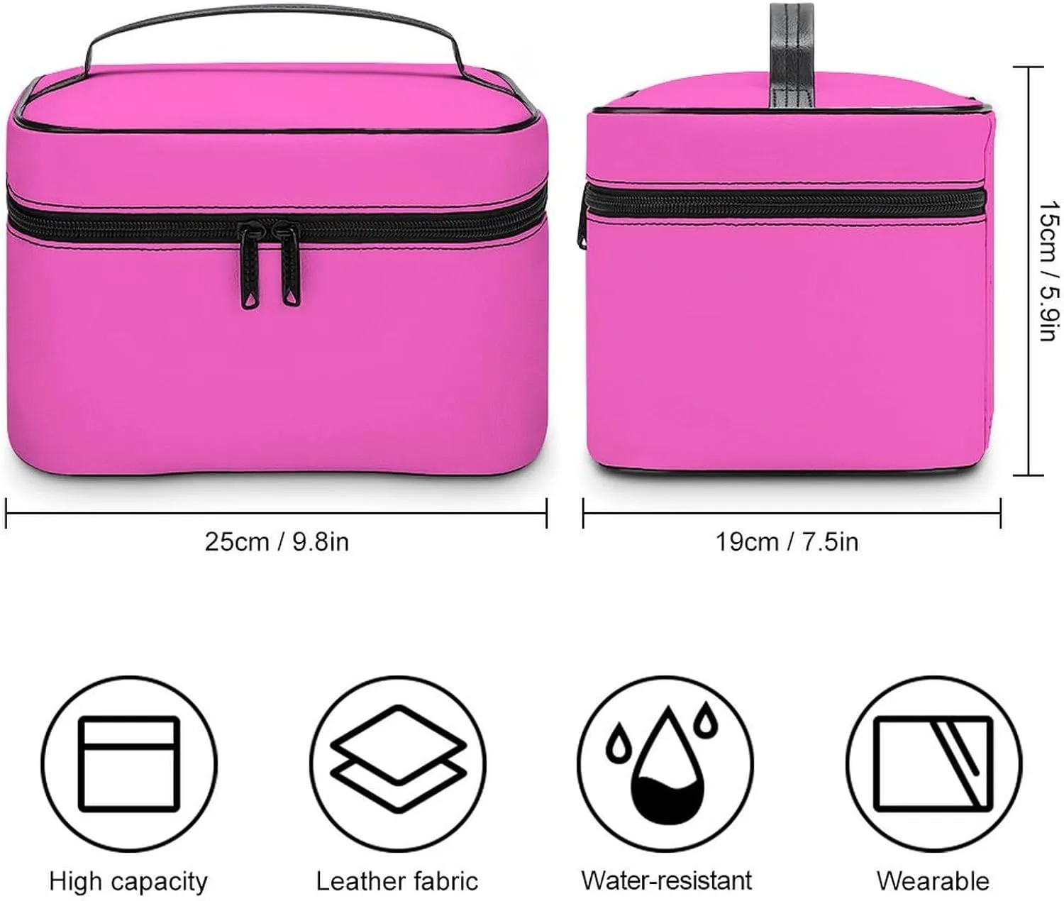Leather Cosmetic Case, Bright Hot Pink Portable Makeup Bag Organizer Large Capacity Travel Toiletry Bag with Zipper