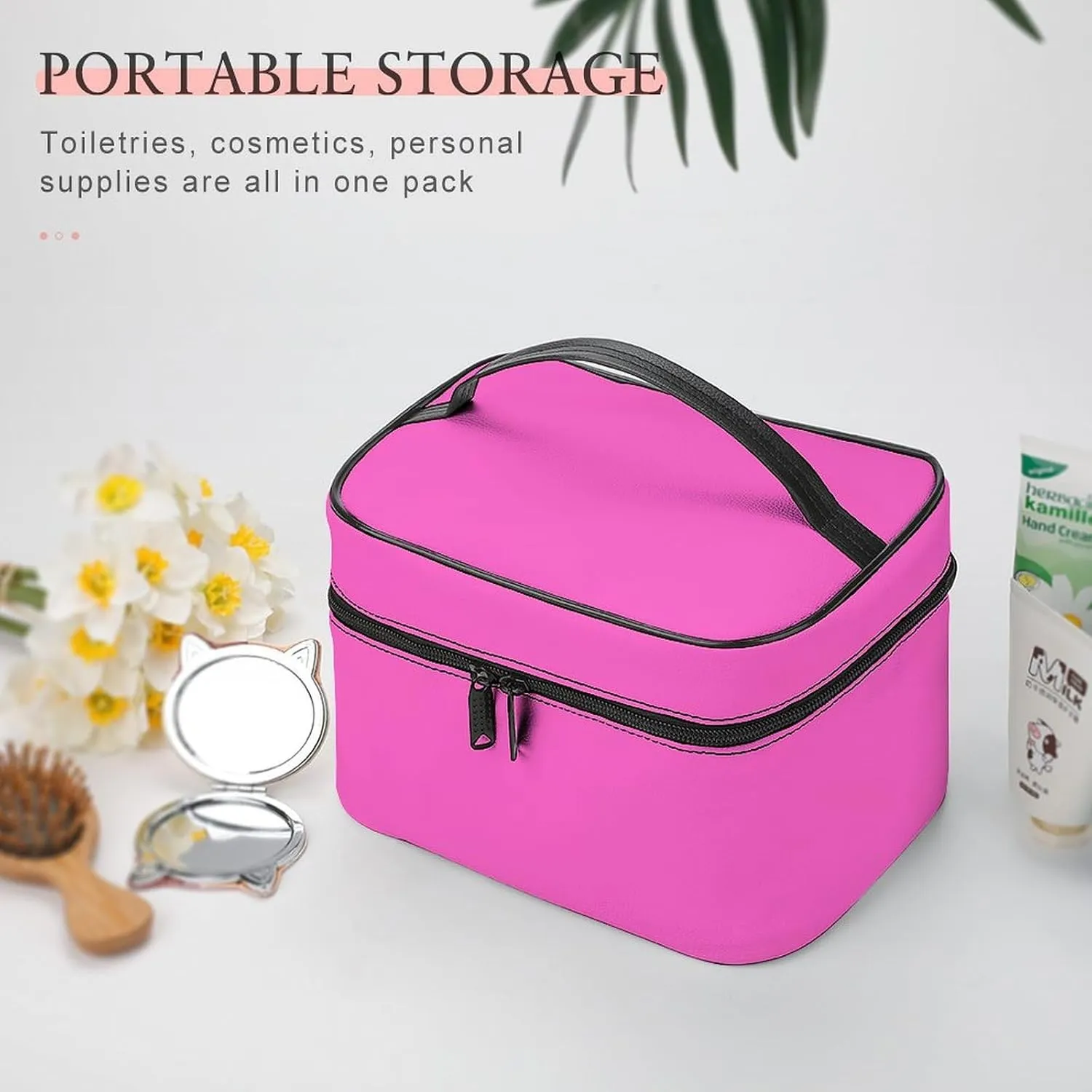 Leather Cosmetic Case, Bright Hot Pink Portable Makeup Bag Organizer Large Capacity Travel Toiletry Bag with Zipper