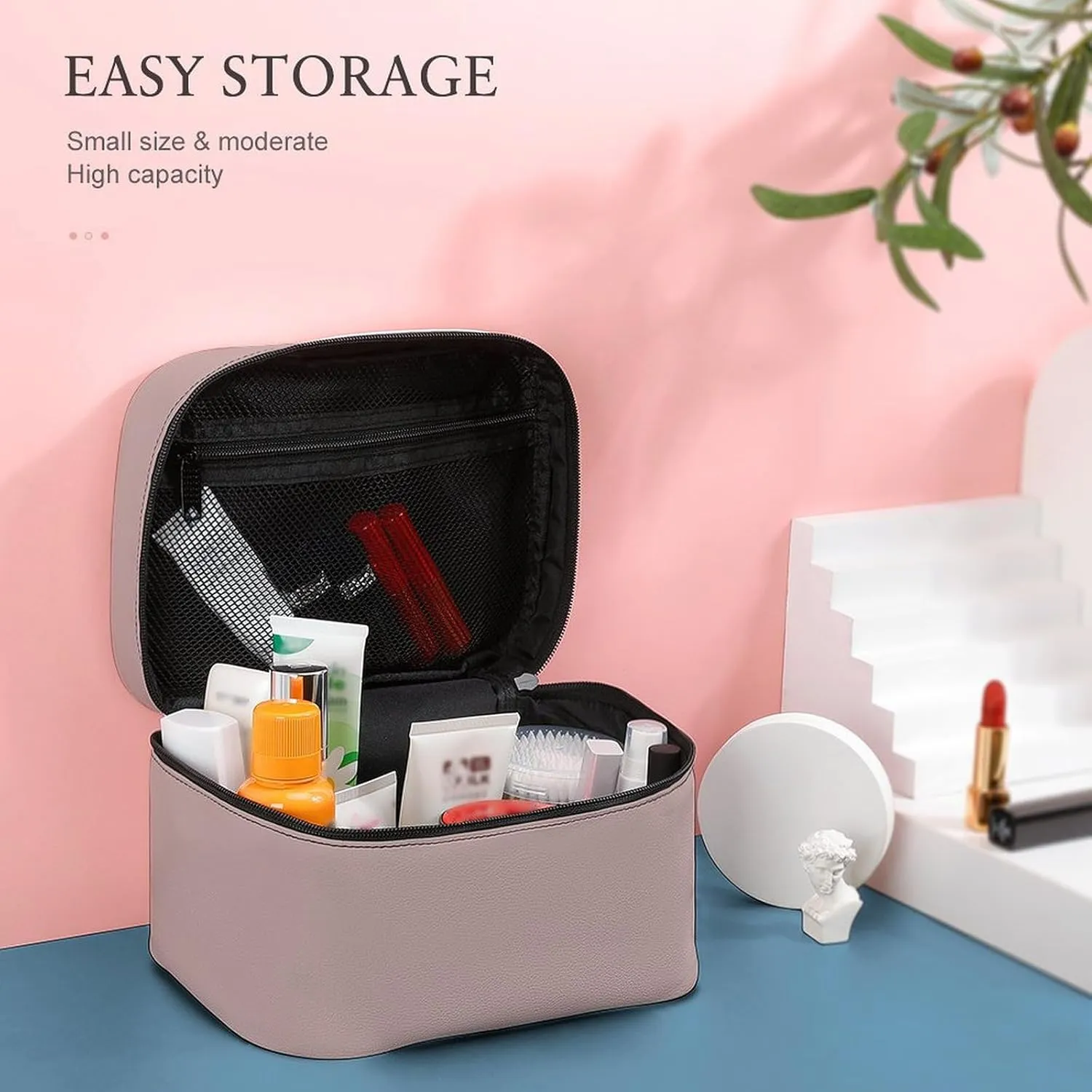 Leather Cosmetic Case, Dusty Pink Trend Color Portable Makeup Bag Organizer Large Capacity Travel Toiletry Bag with Zipper