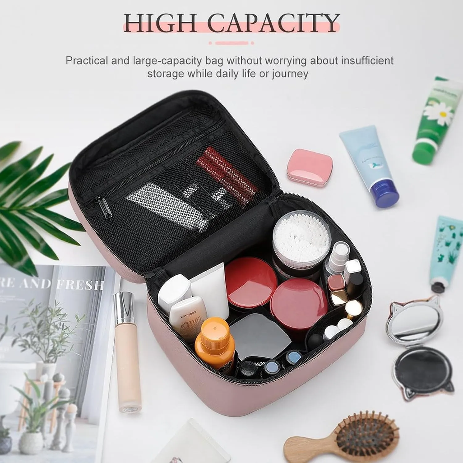 Leather Cosmetic Case, Dusty Pink Trend Color Portable Makeup Bag Organizer Large Capacity Travel Toiletry Bag with Zipper