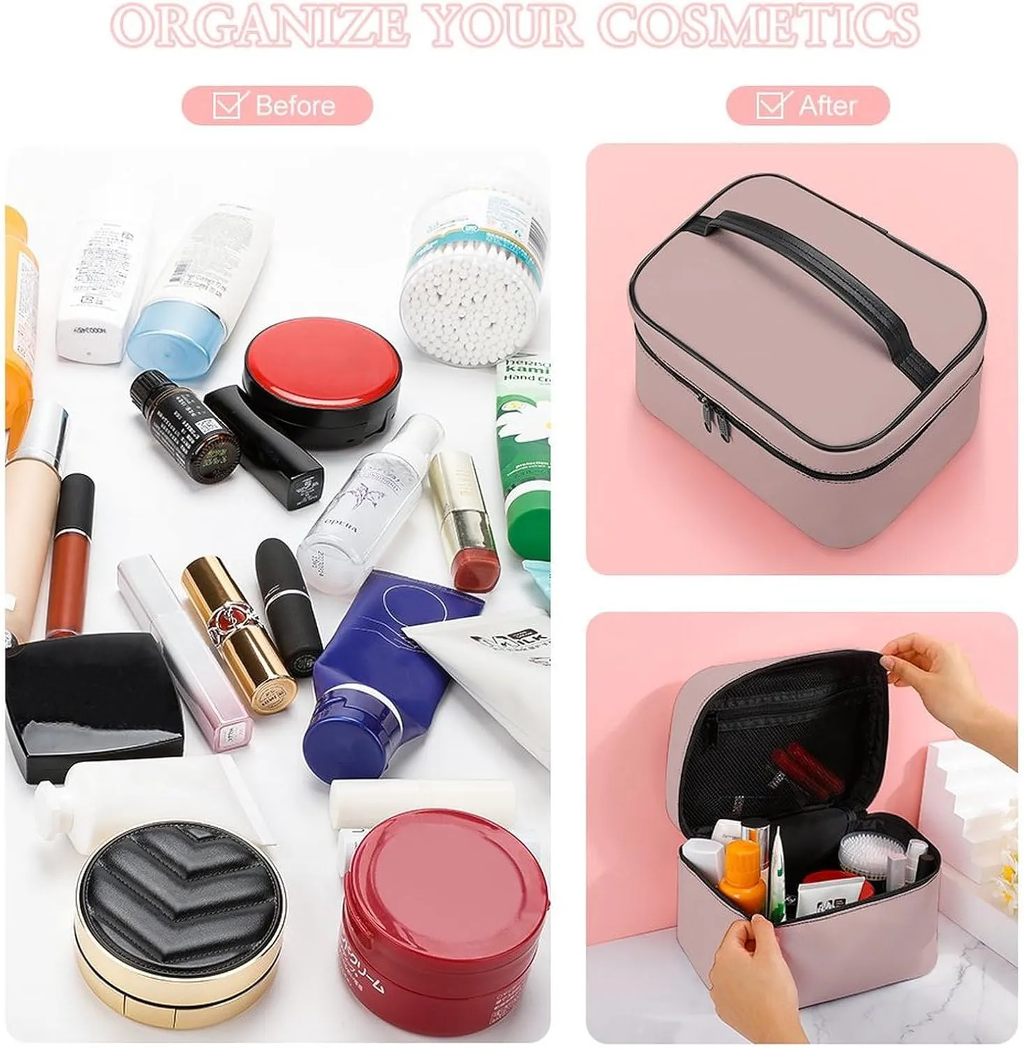 Leather Cosmetic Case, Dusty Pink Trend Color Portable Makeup Bag Organizer Large Capacity Travel Toiletry Bag with Zipper