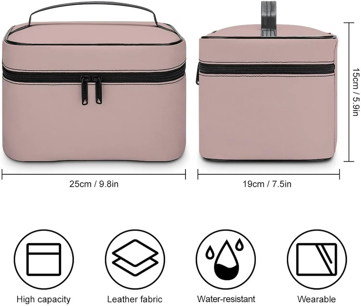Leather Cosmetic Case, Dusty Pink Trend Color Portable Makeup Bag Organizer Large Capacity Travel Toiletry Bag with Zipper