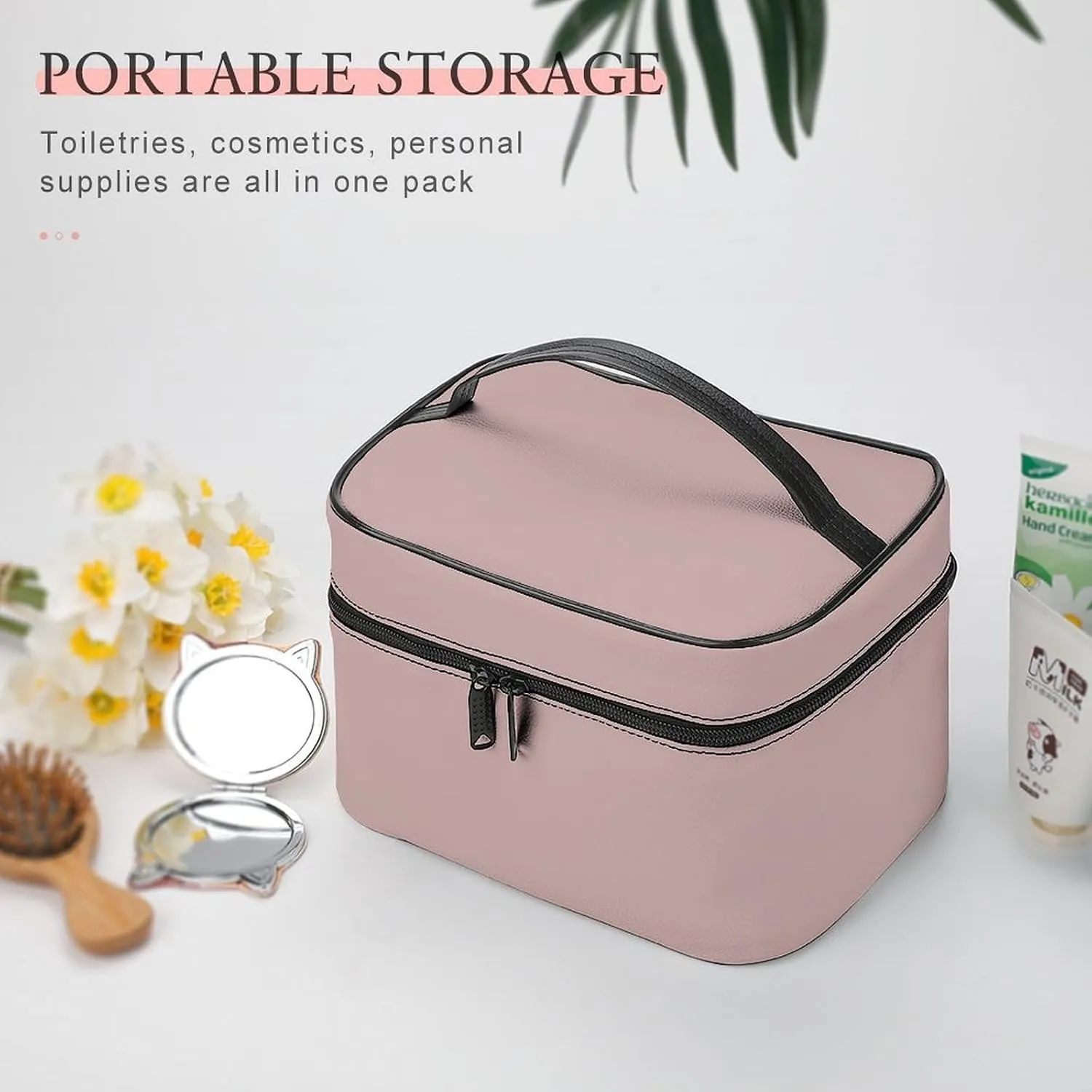 Leather Cosmetic Case, Dusty Pink Trend Color Portable Makeup Bag Organizer Large Capacity Travel Toiletry Bag with Zipper