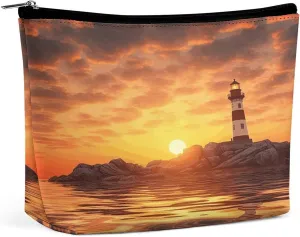 Leather Makeup Bag Waterproof Cosmetic Bag for Women Sea Lighthouse in Sunset Open Flat Toiletry Bags Portable Pouch With Zipper Make Up Organizer Case for Travel Accessories