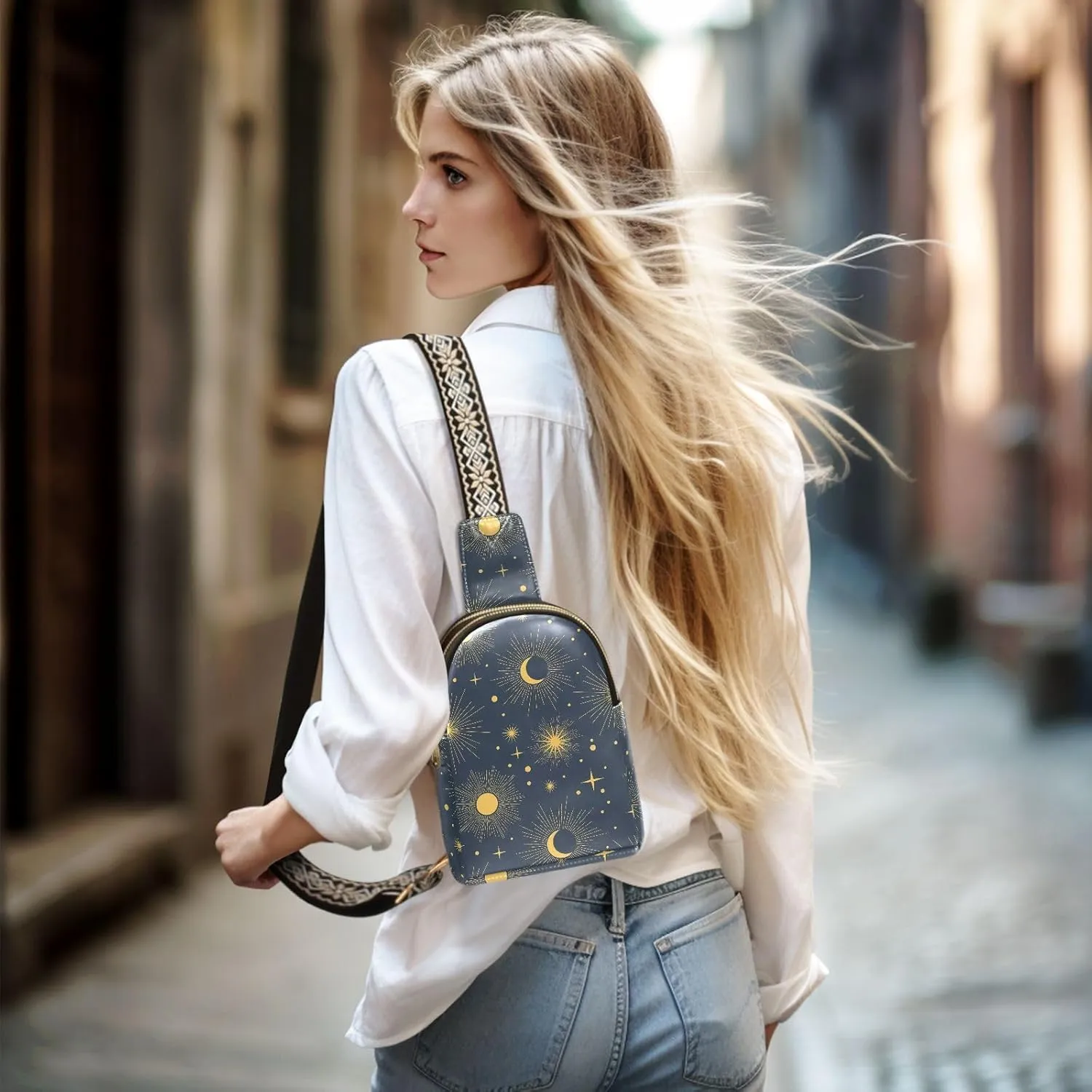 Leather Printed Sling Bag for Men Women Durable PU Leather Waterproof Crossbody Bag for Travel
