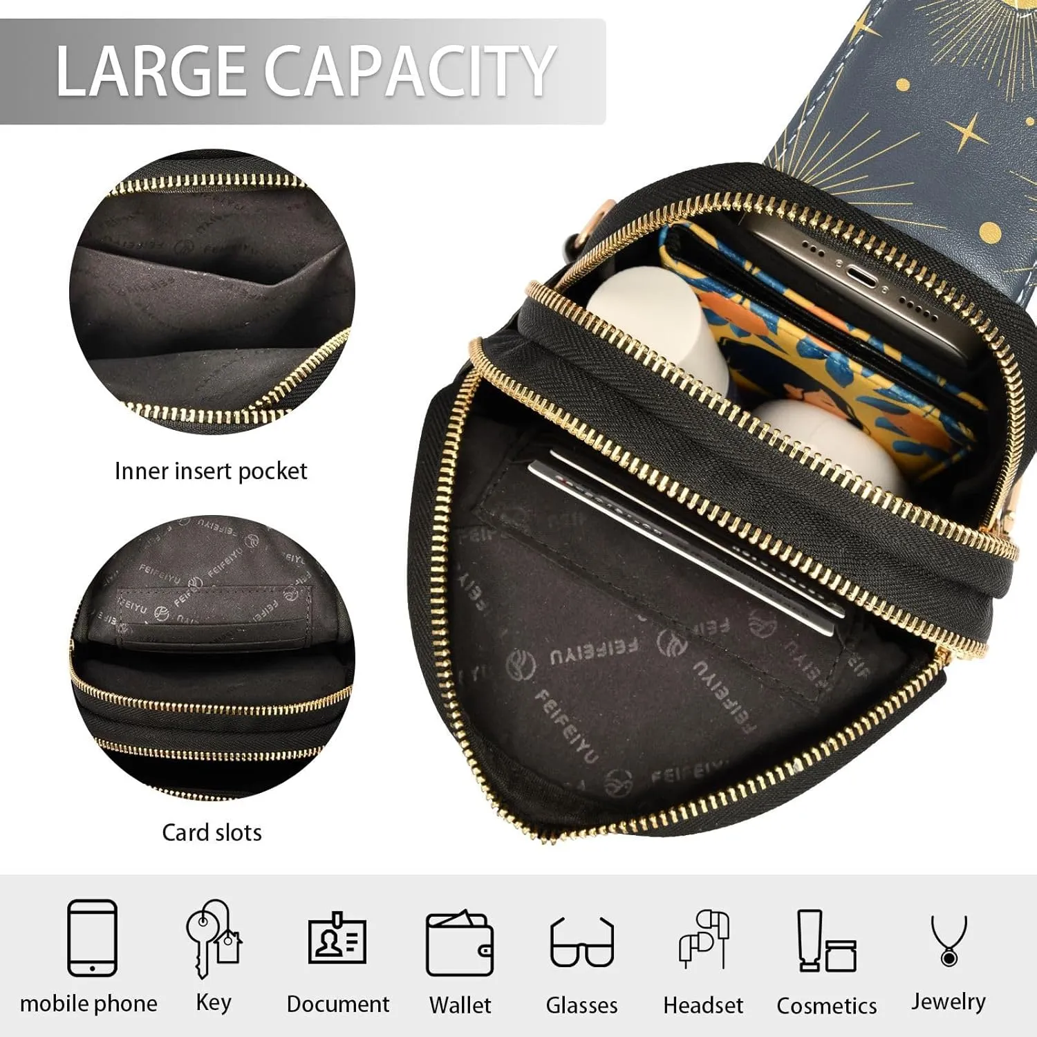 Leather Printed Sling Bag for Men Women Durable PU Leather Waterproof Crossbody Bag for Travel