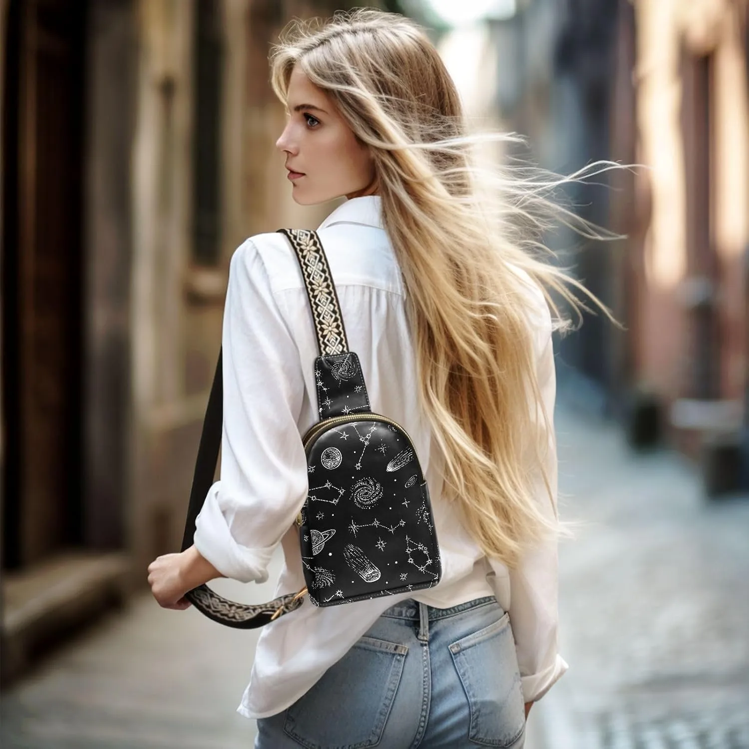 Leather Printed Sling Bag for Men Women Durable PU Leather Waterproof Crossbody Bag for Travel