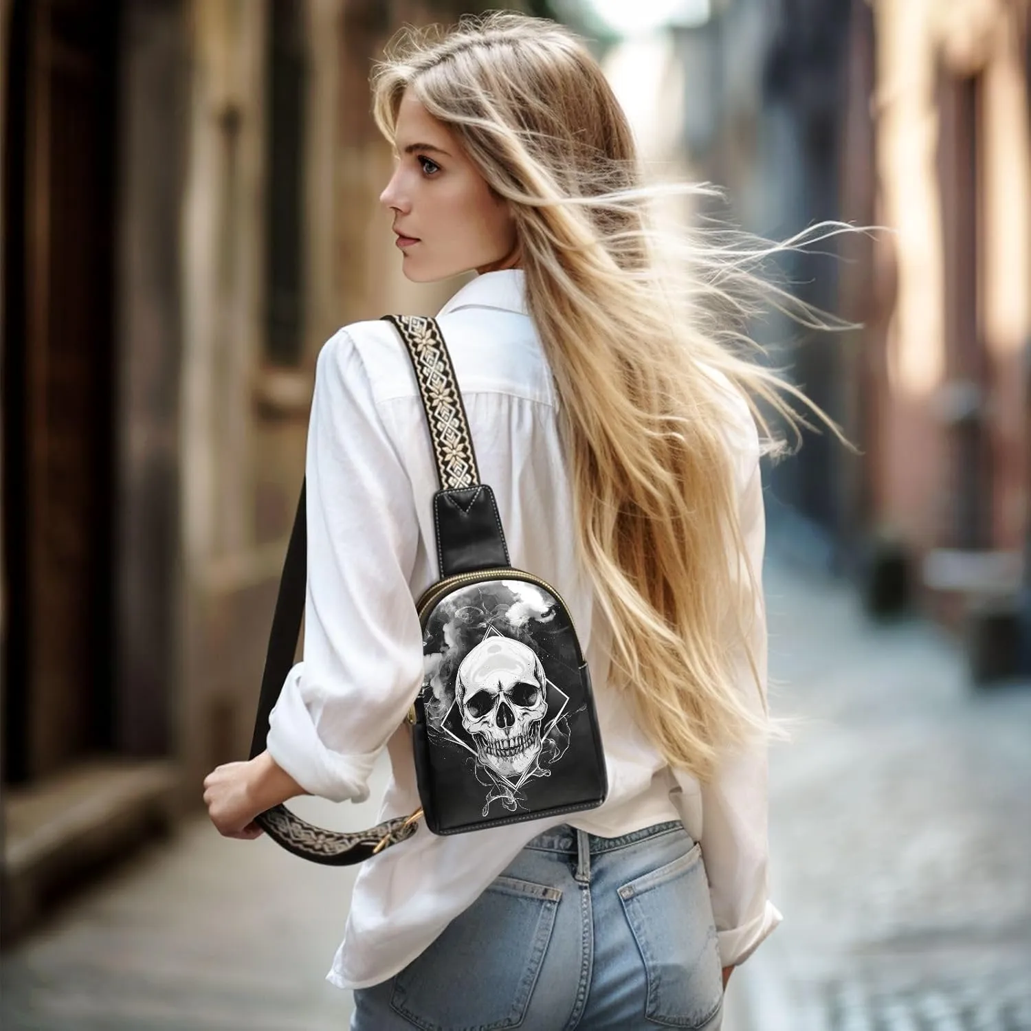 Leather Printed Sling Bag for Men Women Durable PU Leather Waterproof Crossbody Bag for Travel