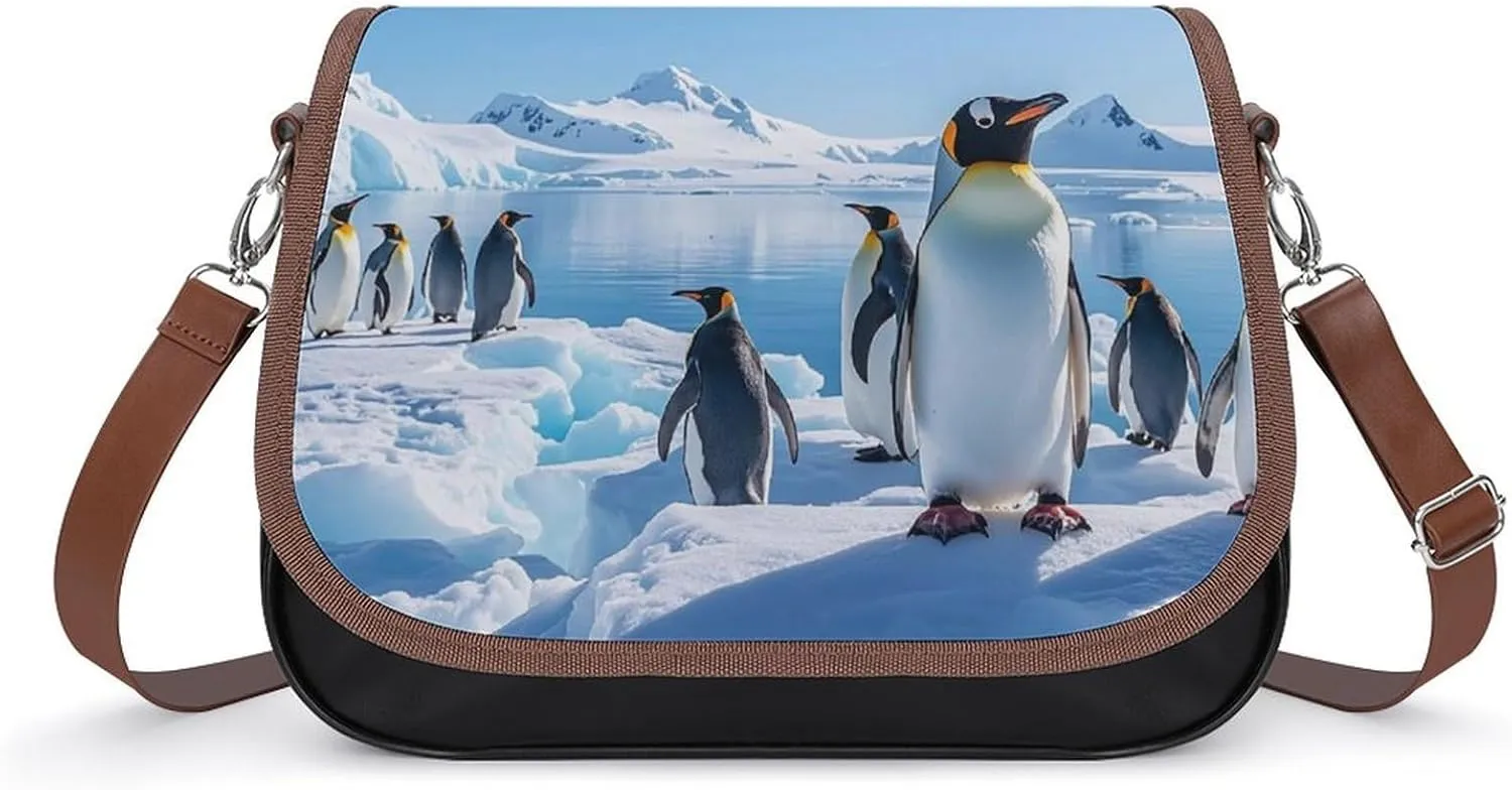 Leather Shoulder Bag for Women Penguin Antarctica Ice Crossbody Bags Small Shoulder Handbags Weekender Bag Shopper Handbag Travel Purse