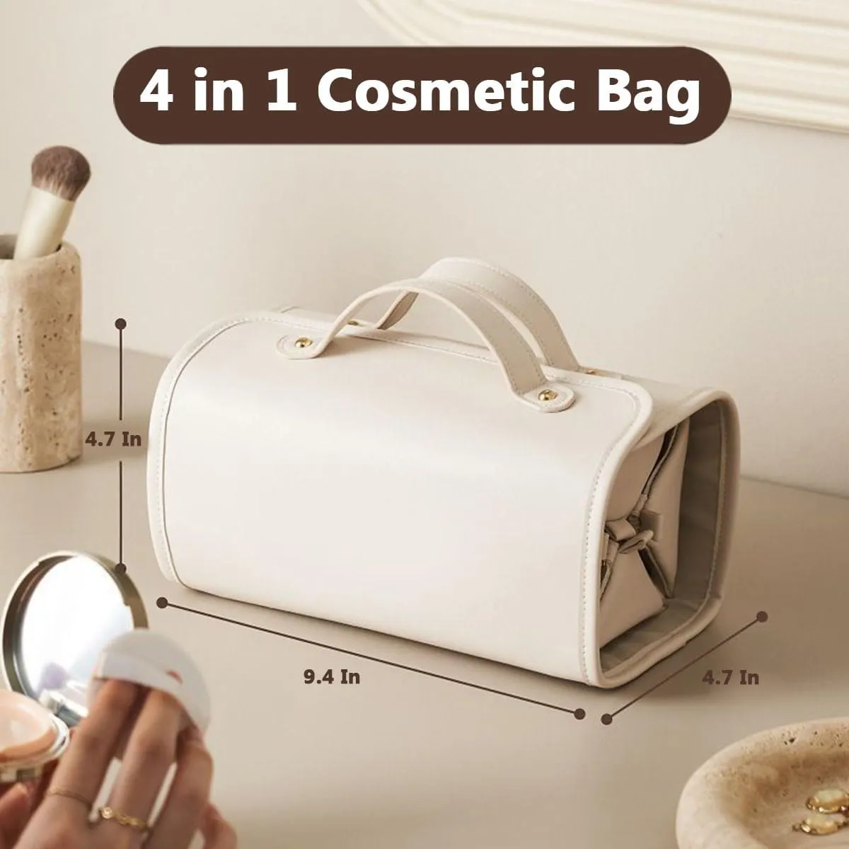 Leather Waterproof Cosmetic Bag Detachable 4 in 1 Travel Toiletry Bag for Women,Travel Makeup Bag,Travel Makeup Case, Makeup Accessories,Brushes Set (1, White)