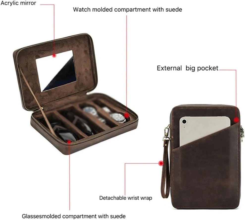 Leather Wristband with Glasses Case, Multifunctional Portable Mechanical Watch, Watch Storage Box