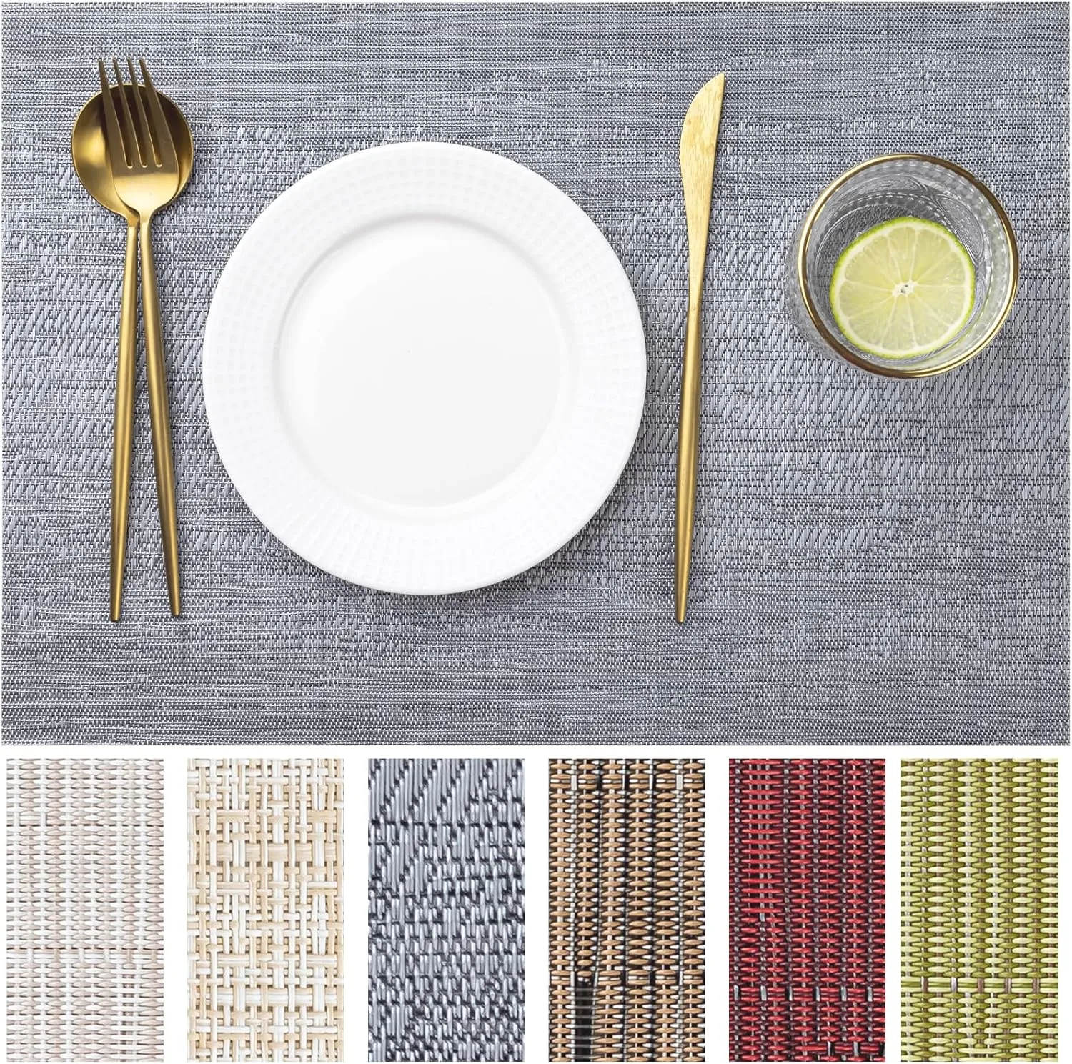 LEXMORE PVC Woven Placemats 12 PCS Wipeable Indoor/Outdoor Table Mats Washable Vinyl Place Mat for Dining Table, Set of 12-Gray
