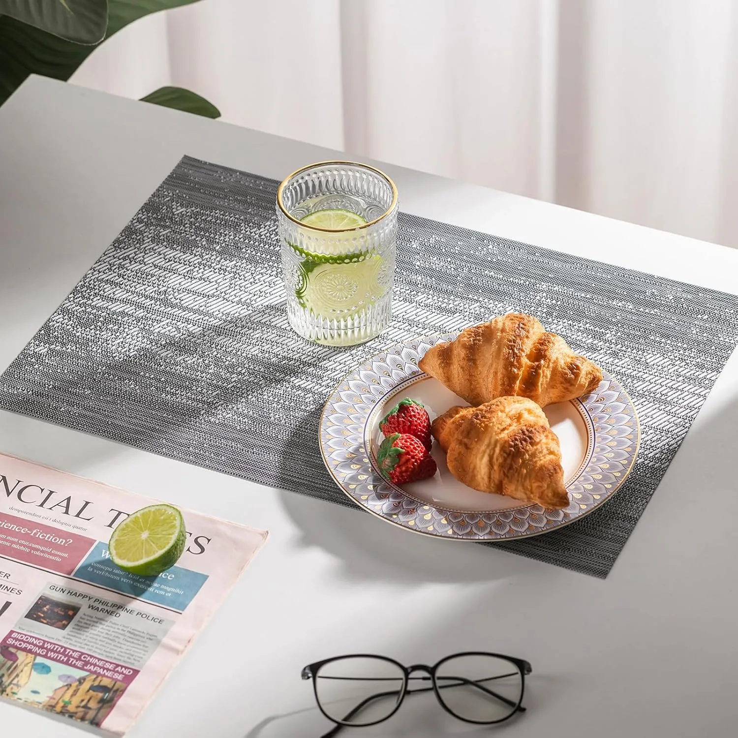 LEXMORE PVC Woven Placemats 12 PCS Wipeable Indoor/Outdoor Table Mats Washable Vinyl Place Mat for Dining Table, Set of 12-Gray