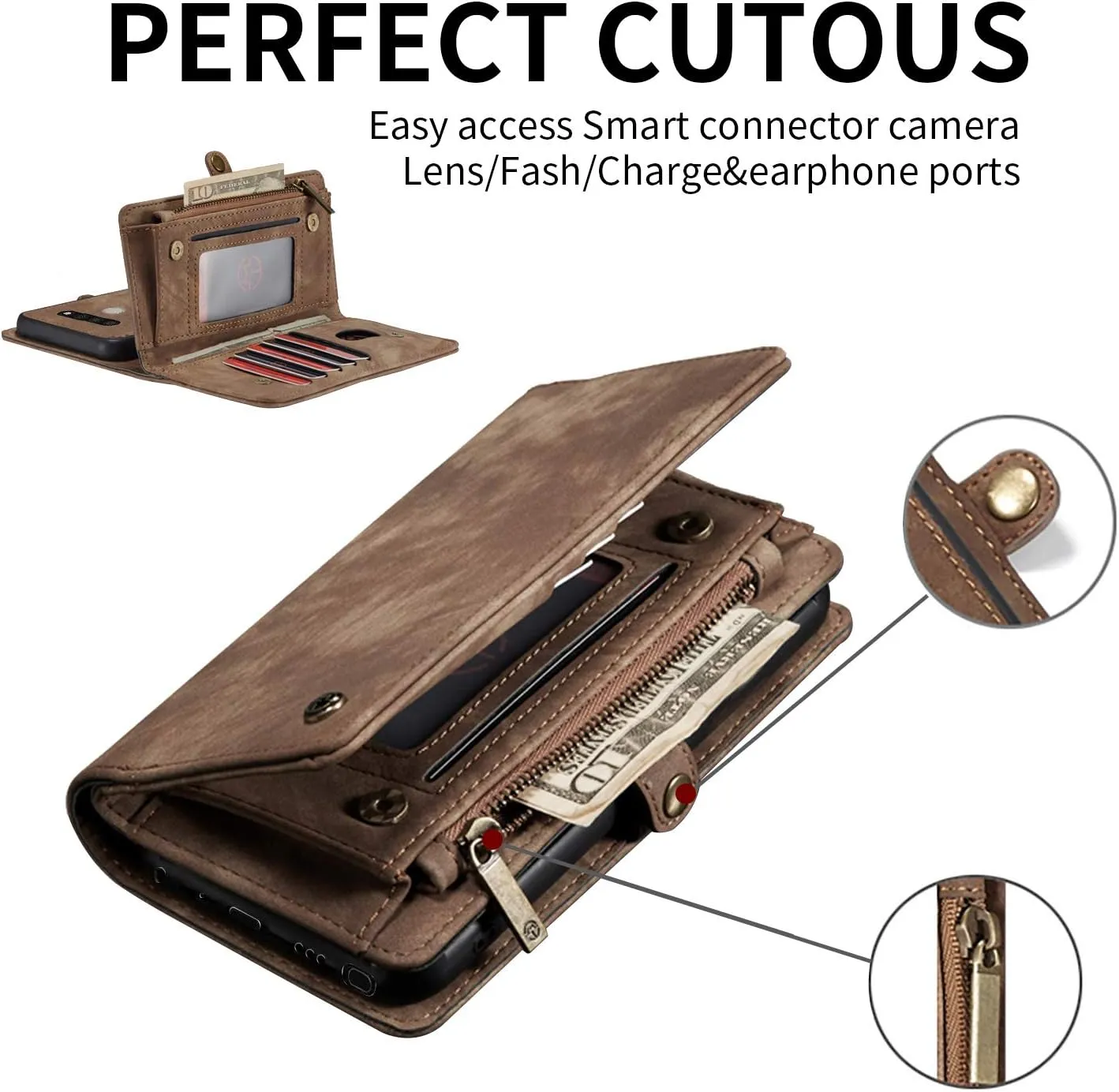 LG Stylo 6 Leather Wallet Detachable Zipper Case 11 Card Slots Holder LG Stylo 6 Flip Magnetic case Handle Wrist Strap Shockproof Pocket Handbag for Man Woman (LG Stylo 6, Brown)