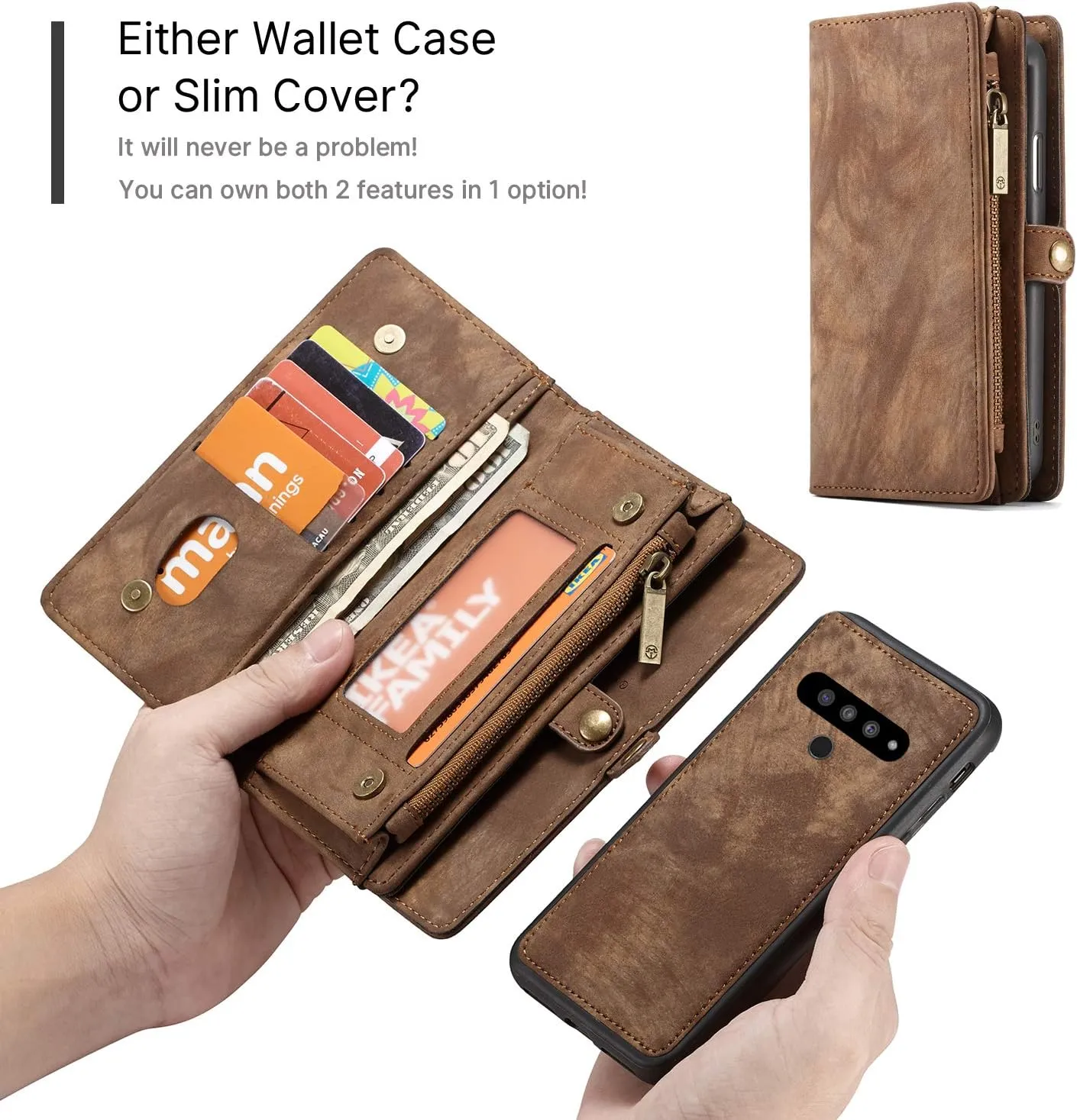 LG Stylo 6 Leather Wallet Detachable Zipper Case 11 Card Slots Holder LG Stylo 6 Flip Magnetic case Handle Wrist Strap Shockproof Pocket Handbag for Man Woman (LG Stylo 6, Brown)