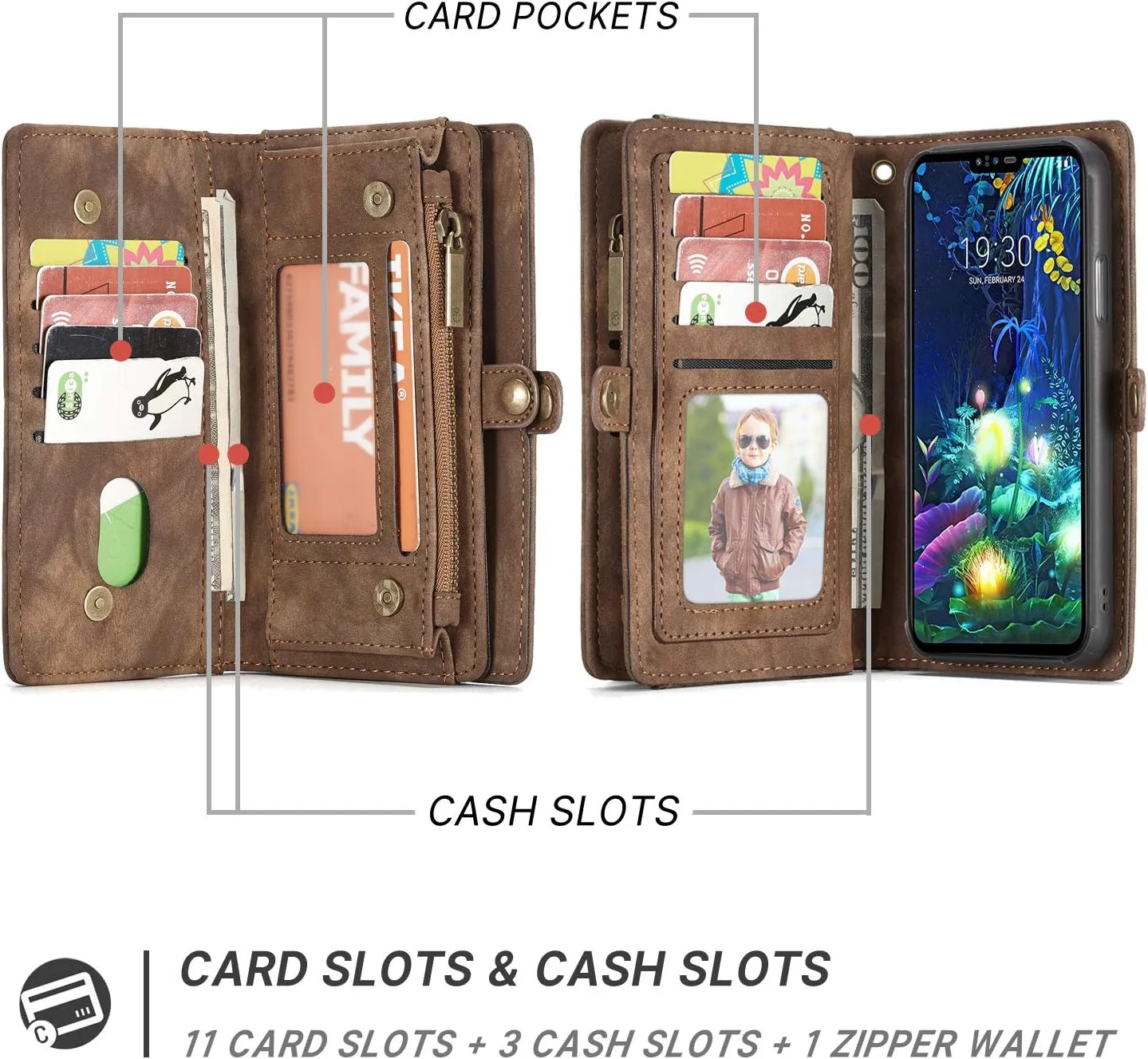 LG Stylo 6 Leather Wallet Detachable Zipper Case 11 Card Slots Holder LG Stylo 6 Flip Magnetic case Handle Wrist Strap Shockproof Pocket Handbag for Man Woman (LG Stylo 6, Brown)