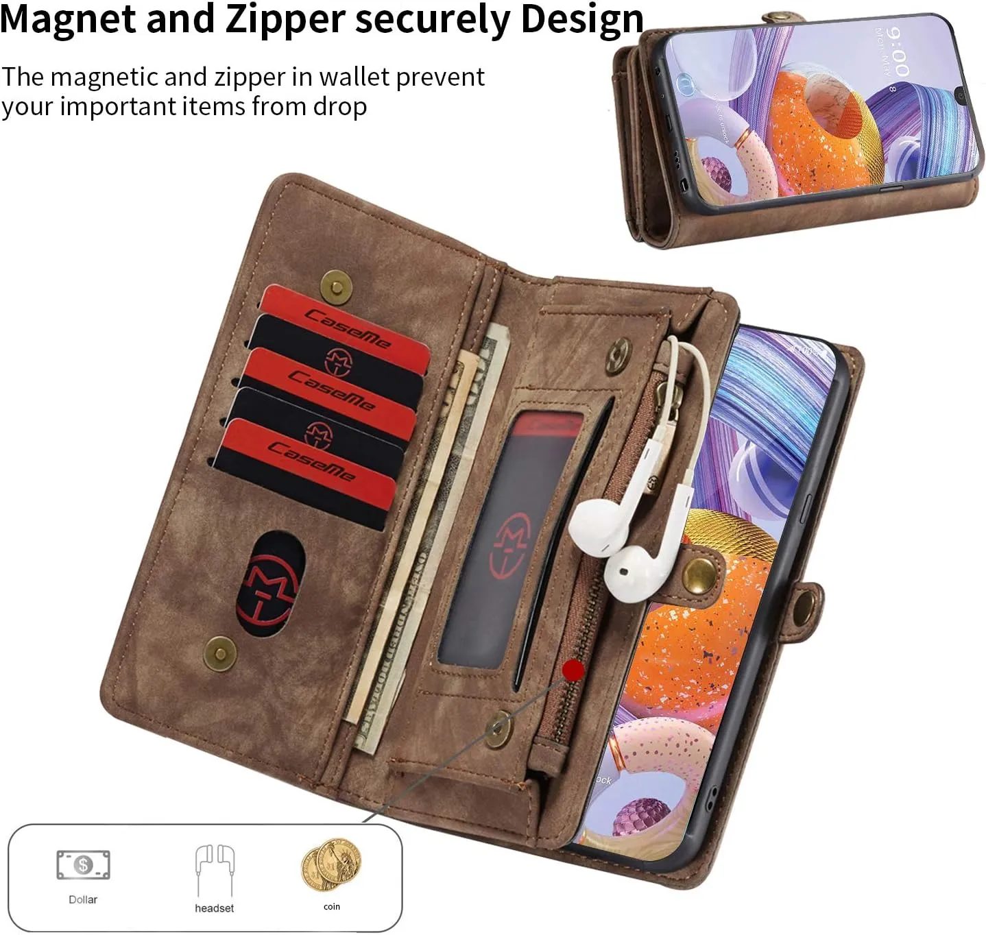 LG Stylo 6 Leather Wallet Detachable Zipper Case 11 Card Slots Holder LG Stylo 6 Flip Magnetic case Handle Wrist Strap Shockproof Pocket Handbag for Man Woman (LG Stylo 6, Brown)