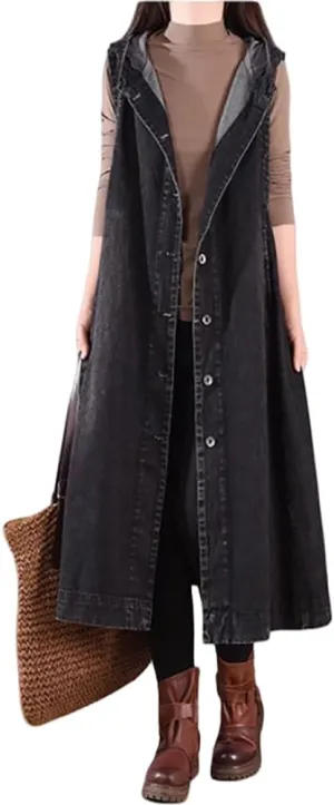 Long Denim Vest for Women Sleeveless Jeans Jacket Hooded with Pockets Wide Hem Loose Casual