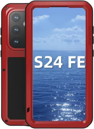 LOVE MEI for Samsung Galaxy S24 FE Case,Outdoor Sports Military Heavy Duty Metal Shockproof Dustproof Full Body Case with Built in Tempered Glass Screen Protector (Red, S24 FE)